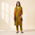 Olive Green Floral Block Print Straight Kurta Set with Ombre Dupatta | Cotton Salwar Kameez