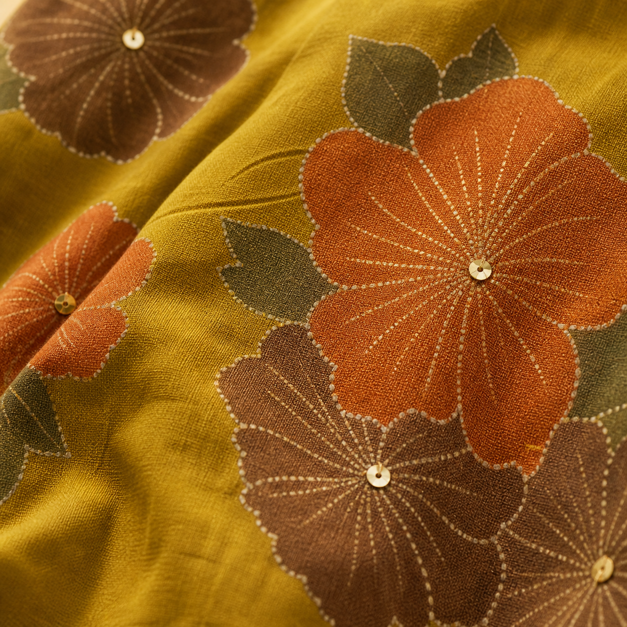 Olive Green Floral Block Print Straight Kurta Set with Ombre Dupatta | Cotton Salwar Kameez