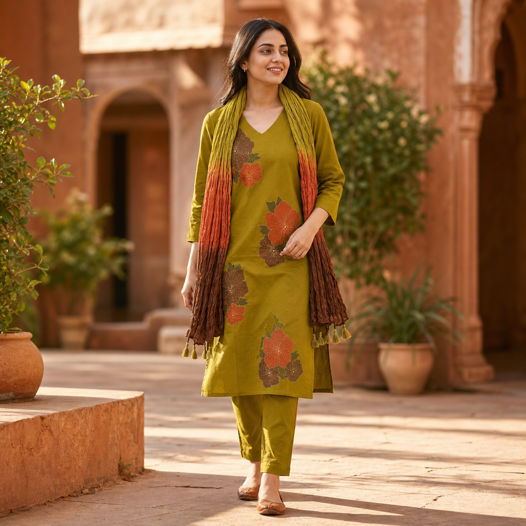 Olive Green Floral Block Print Straight Kurta Set with Ombre Dupatta | Cotton Salwar Kameez