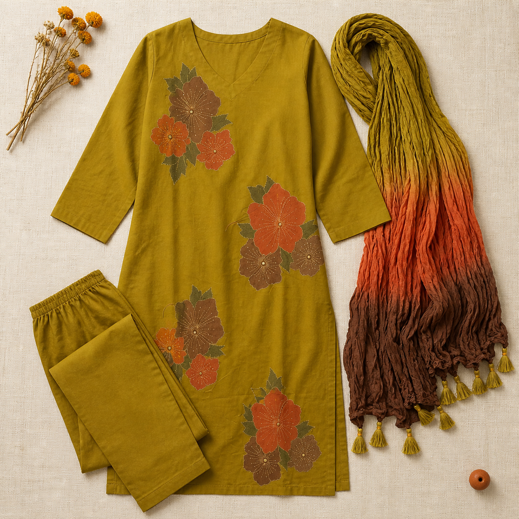 Olive Green Floral Block Print Straight Kurta Set with Ombre Dupatta | Cotton Salwar Kameez