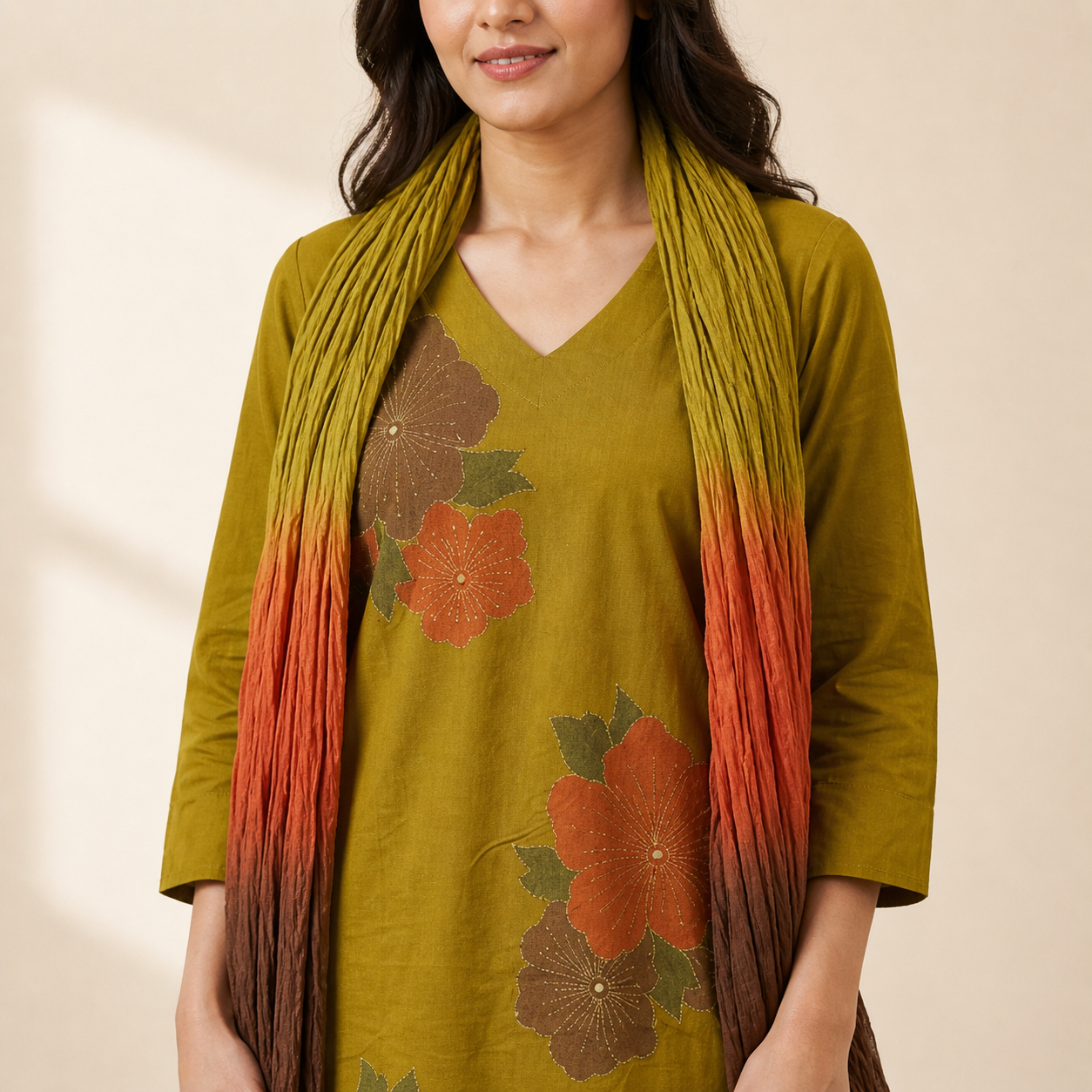 Olive Green Floral Block Print Straight Kurta Set with Ombre Dupatta | Cotton Salwar Kameez