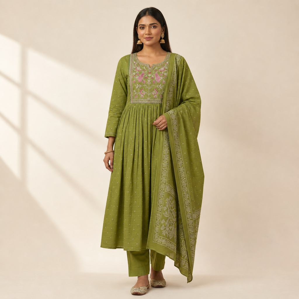 Fern Green Anarkali Kurta Set with Peacock Yoke Embroidery & Bandhani Dupatta | Ethnic Wear