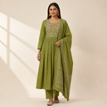 Fern Green Anarkali Kurta Set with Peacock Yoke Embroidery & Bandhani Dupatta | Ethnic Wear