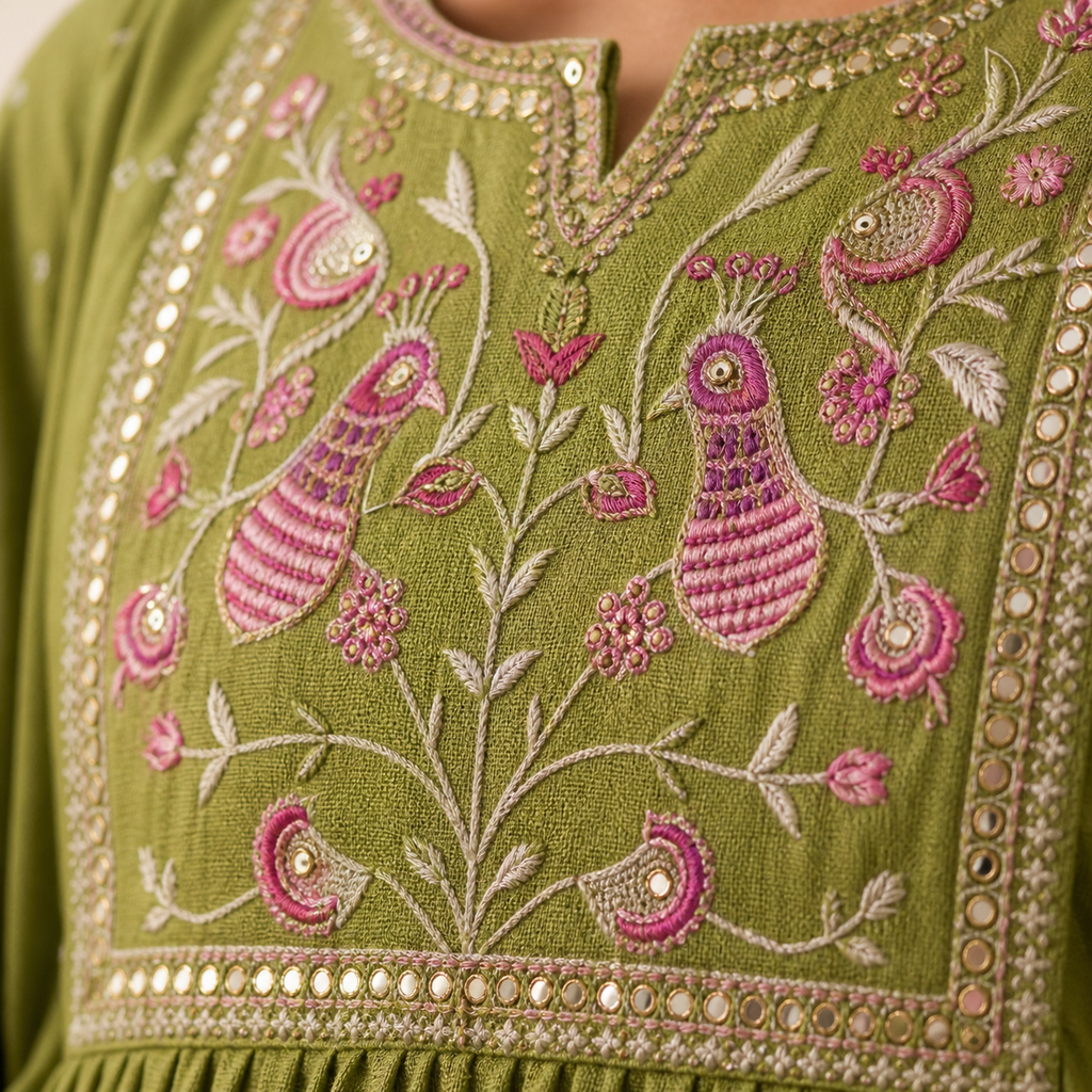 Fern Green Anarkali Kurta Set with Peacock Yoke Embroidery & Bandhani Dupatta | Ethnic Wear