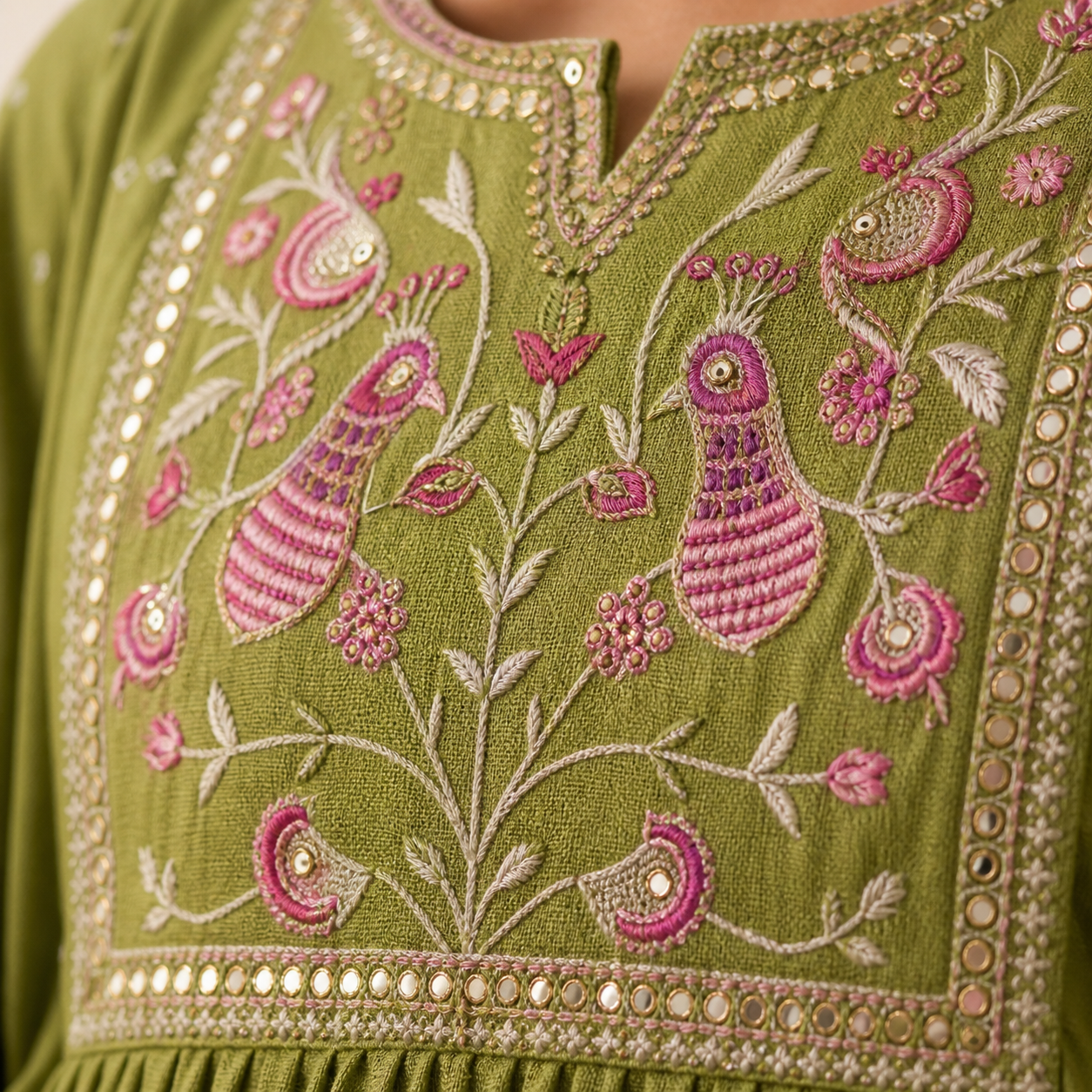 Fern Green Anarkali Kurta Set with Peacock Yoke Embroidery & Bandhani Dupatta | Ethnic Wear