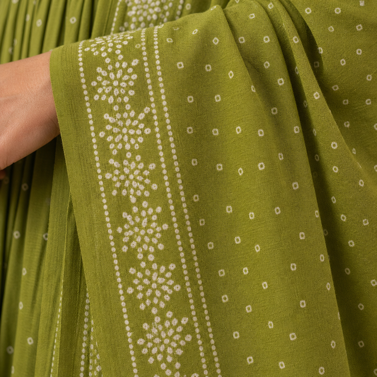 Fern Green Anarkali Kurta Set with Peacock Yoke Embroidery & Bandhani Dupatta | Ethnic Wear