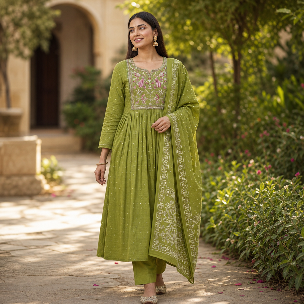 Fern Green Anarkali Kurta Set with Peacock Yoke Embroidery & Bandhani Dupatta | Ethnic Wear