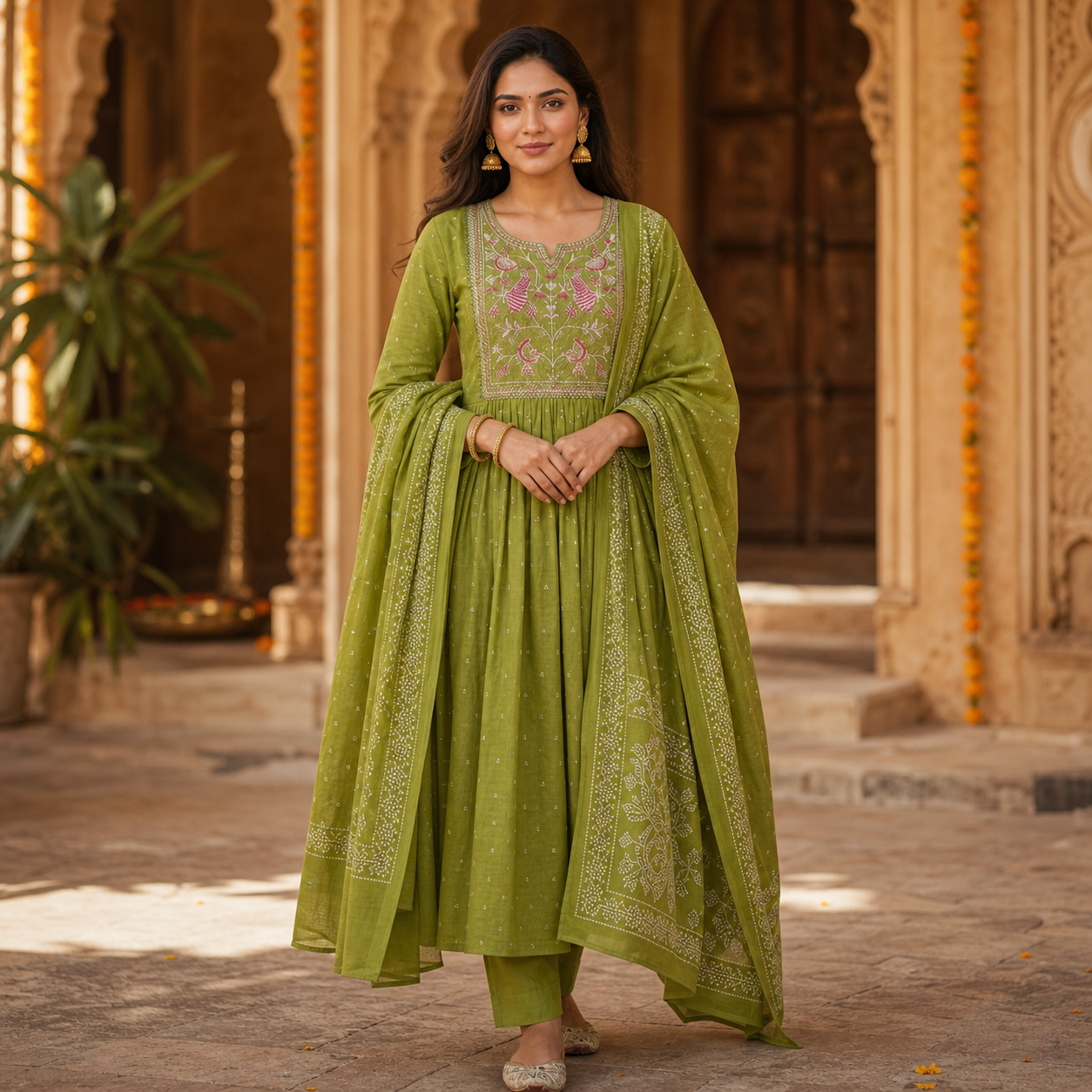 Fern Green Anarkali Kurta Set with Peacock Yoke Embroidery & Bandhani Dupatta | Ethnic Wear