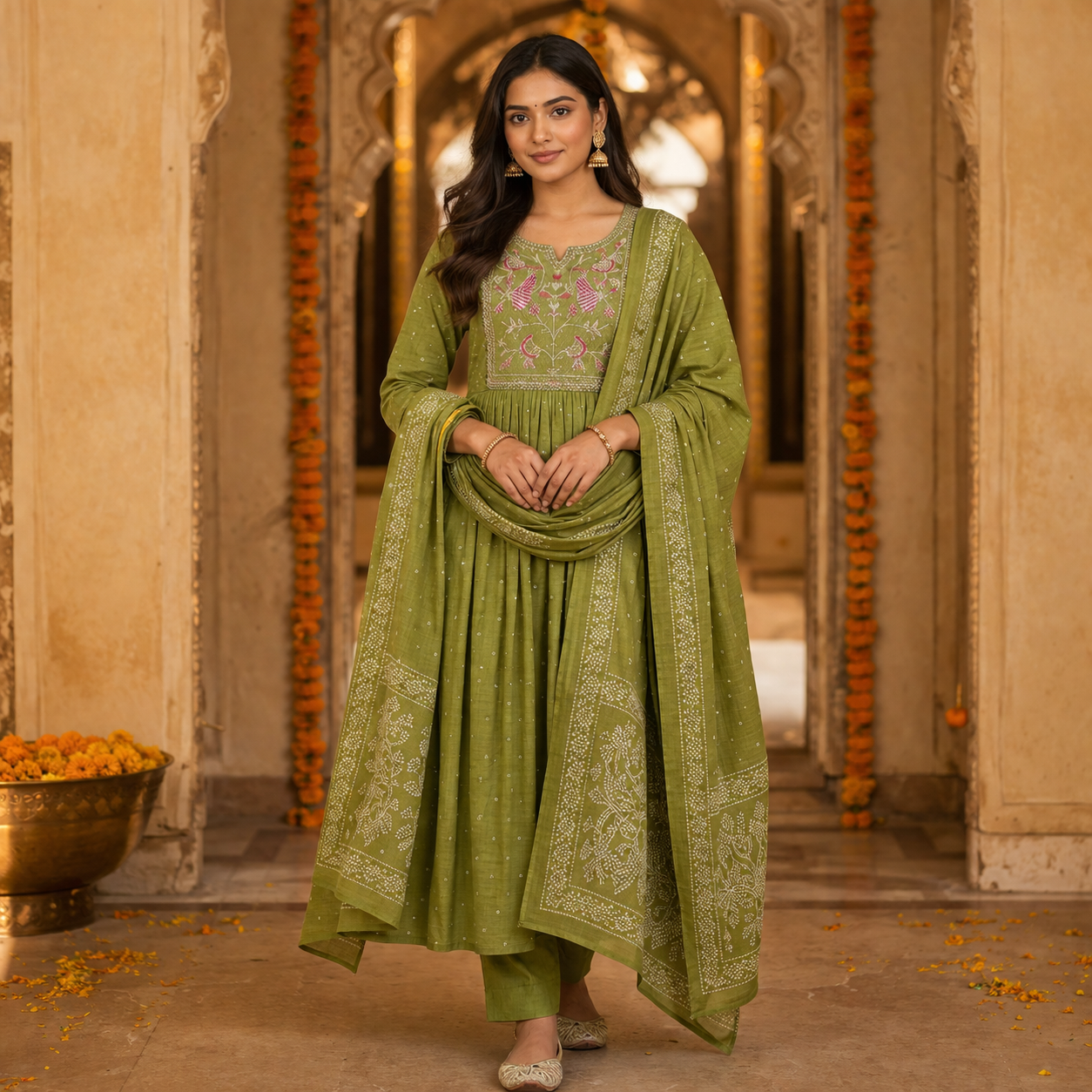 Fern Green Anarkali Kurta Set with Peacock Yoke Embroidery & Bandhani Dupatta | Ethnic Wear