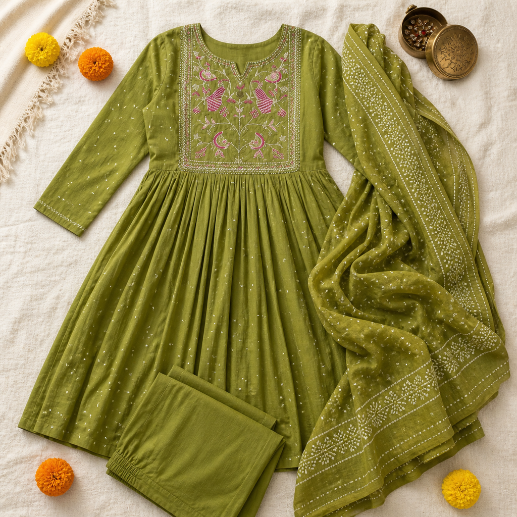 Fern Green Anarkali Kurta Set with Peacock Yoke Embroidery & Bandhani Dupatta | Ethnic Wear