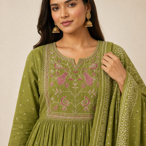 Fern Green Anarkali Kurta Set with Peacock Yoke Embroidery & Bandhani Dupatta | Ethnic Wear