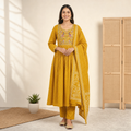 Mustard Bandhani Anarkali Kurta Set with Peacock Yoke Embroidery & Dupatta | Festive Ethnic Wear