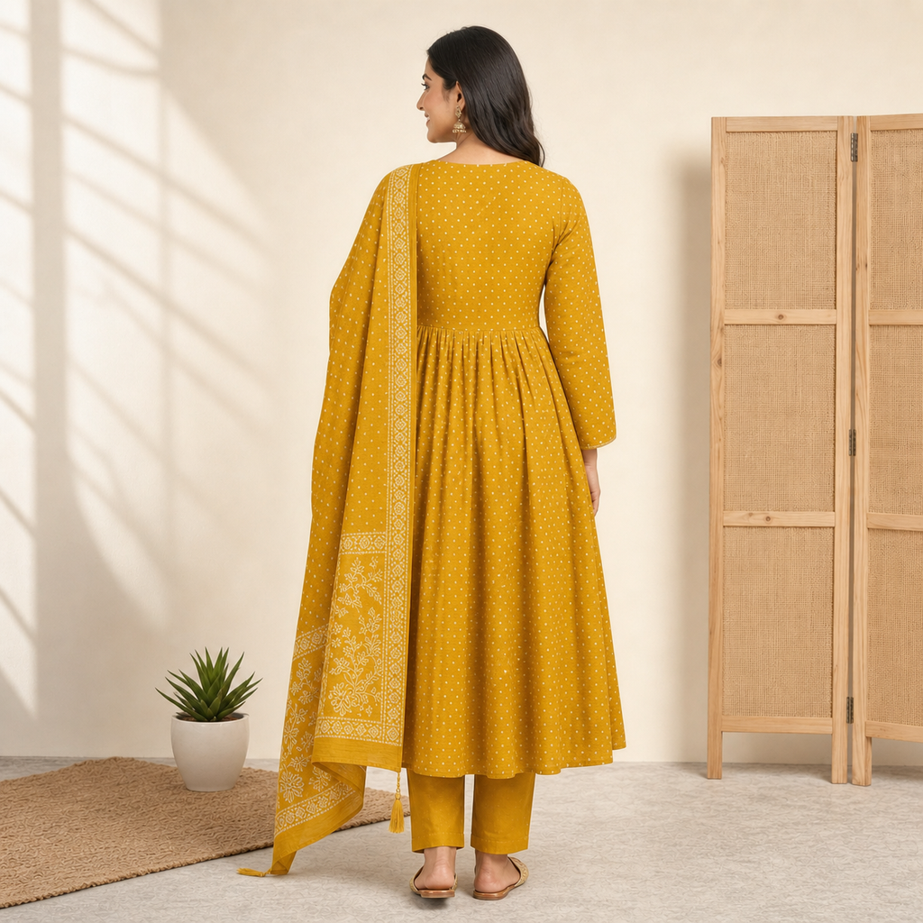 Mustard Bandhani Anarkali Kurta Set with Peacock Yoke Embroidery & Dupatta | Festive Ethnic Wear