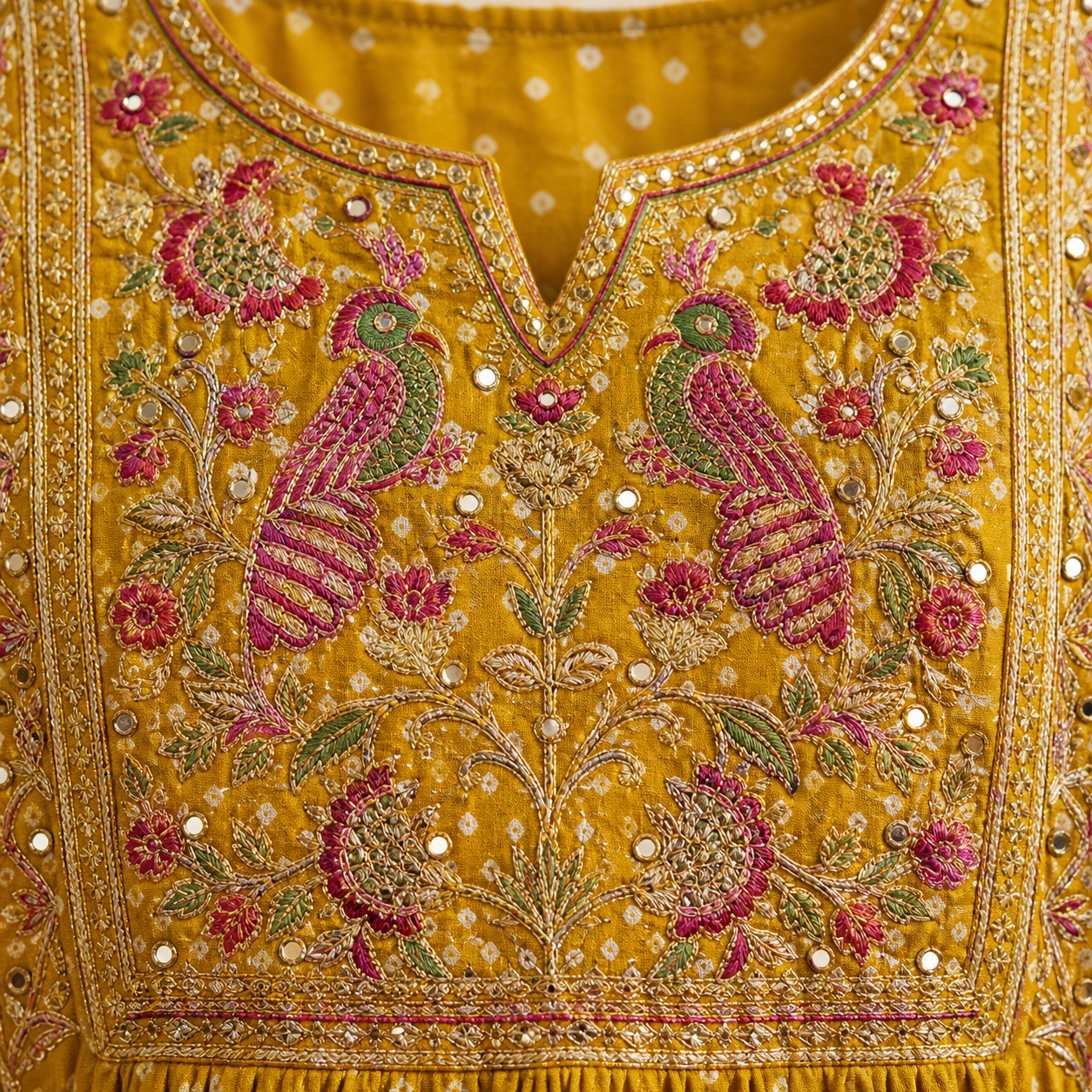 Mustard Bandhani Anarkali Kurta Set with Peacock Yoke Embroidery & Dupatta | Festive Ethnic Wear