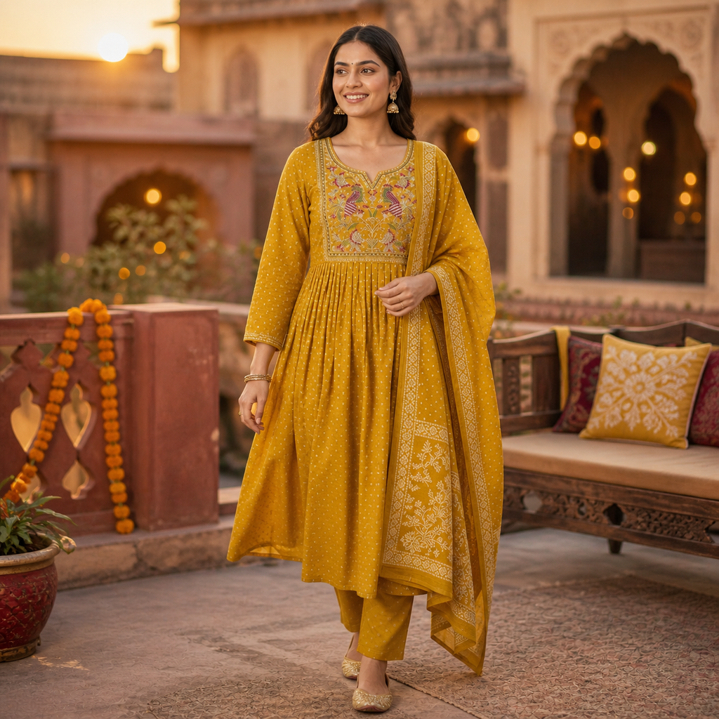 Mustard Bandhani Anarkali Kurta Set with Peacock Yoke Embroidery & Dupatta | Festive Ethnic Wear