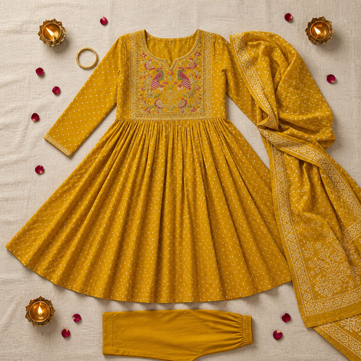 Mustard Bandhani Anarkali Kurta Set with Peacock Yoke Embroidery & Dupatta | Festive Ethnic Wear