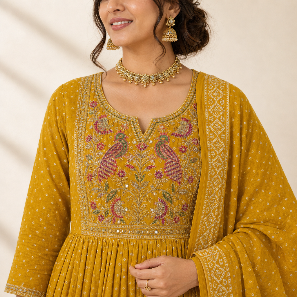 Mustard Bandhani Anarkali Kurta Set with Peacock Yoke Embroidery & Dupatta | Festive Ethnic Wear