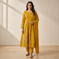 Mustard Yellow Pintuck Anarkali Kurta Set with Floral Embroidery &amp; Lace Border | Cotton Ethnic Wear