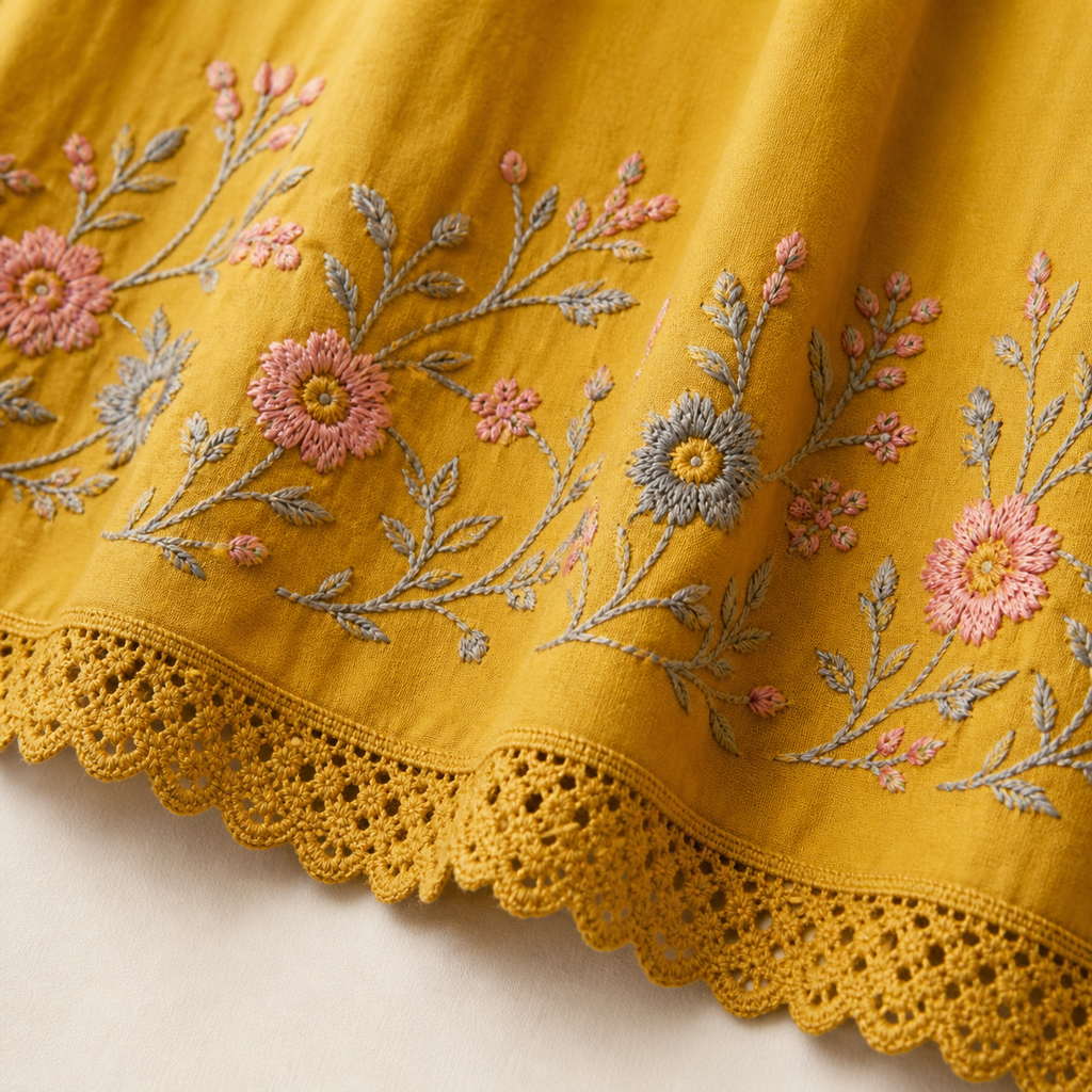 Mustard Yellow Pintuck Anarkali Kurta Set with Floral Embroidery &amp; Lace Border | Cotton Ethnic Wear