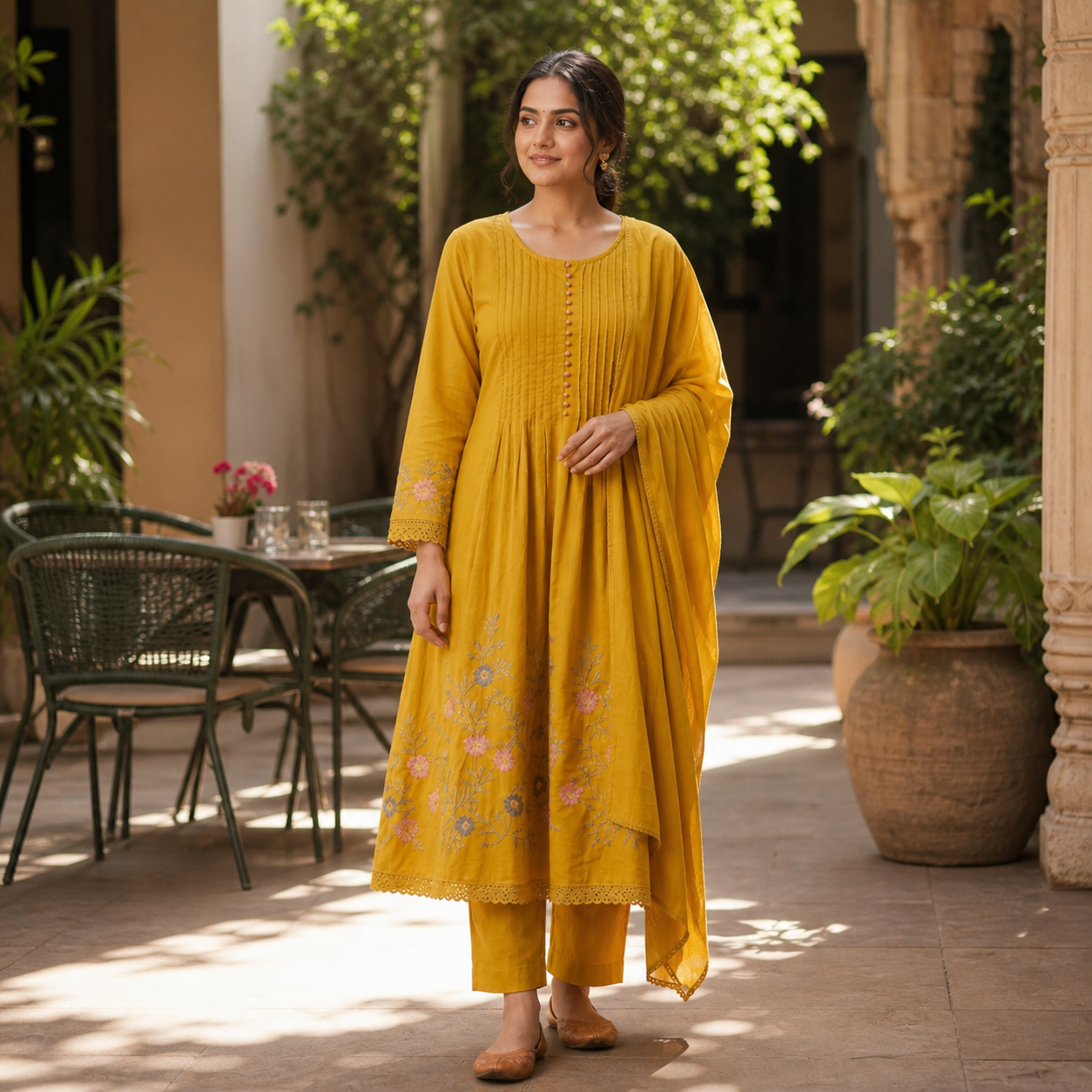 Mustard Yellow Pintuck Anarkali Kurta Set with Floral Embroidery &amp; Lace Border | Cotton Ethnic Wear
