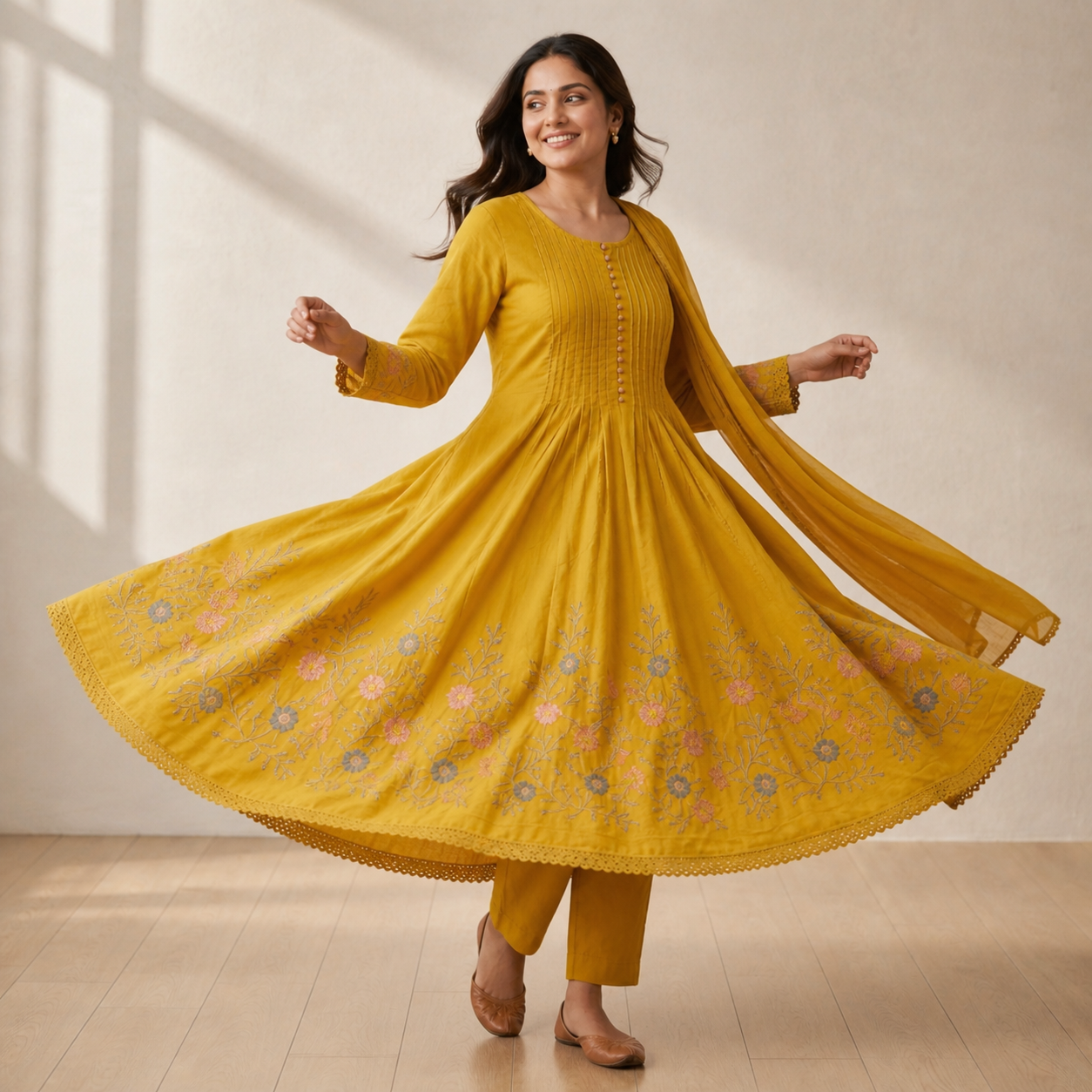 Mustard Yellow Pintuck Anarkali Kurta Set with Floral Embroidery &amp; Lace Border | Cotton Ethnic Wear
