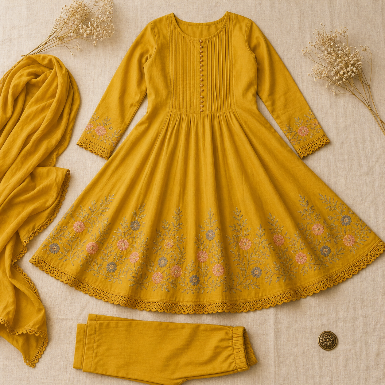 Mustard Yellow Pintuck Anarkali Kurta Set with Floral Embroidery &amp; Lace Border | Cotton Ethnic Wear