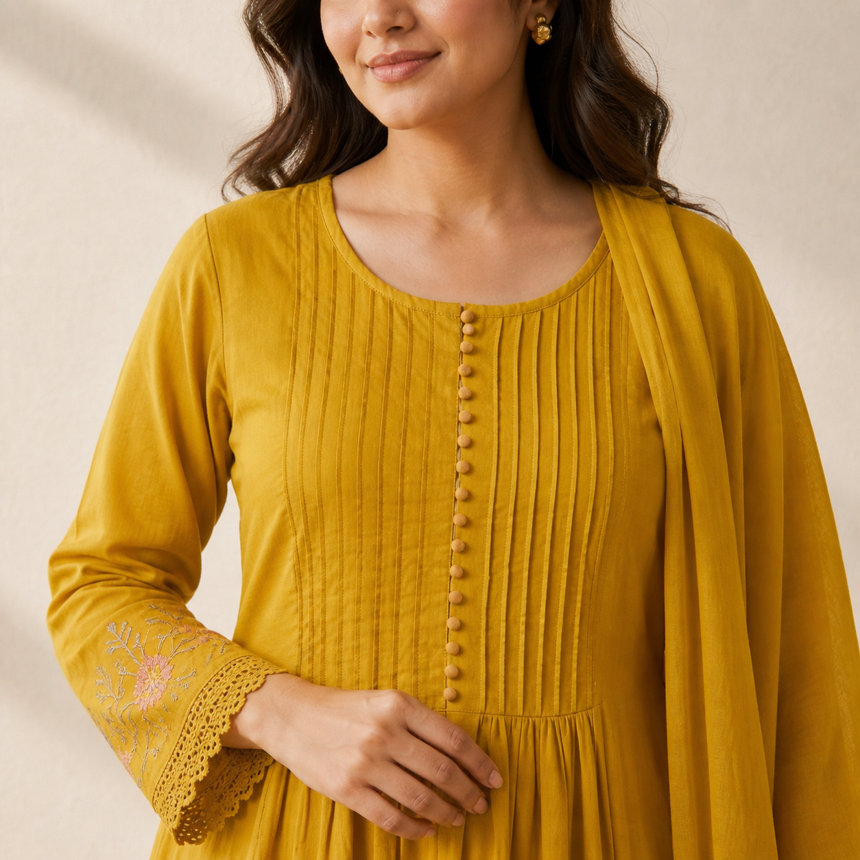 Mustard Yellow Pintuck Anarkali Kurta Set with Floral Embroidery &amp; Lace Border | Cotton Ethnic Wear