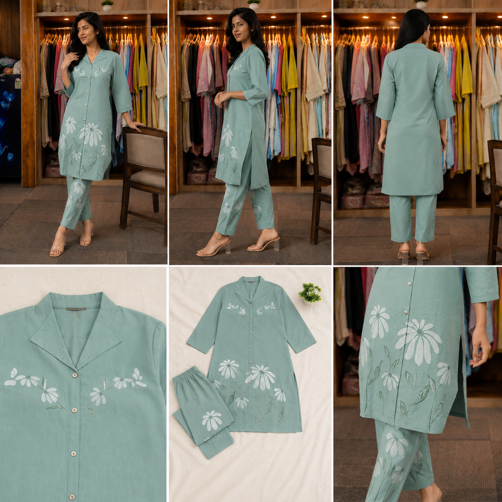 Mint Green Floral Hand Printed Co-Ord Set