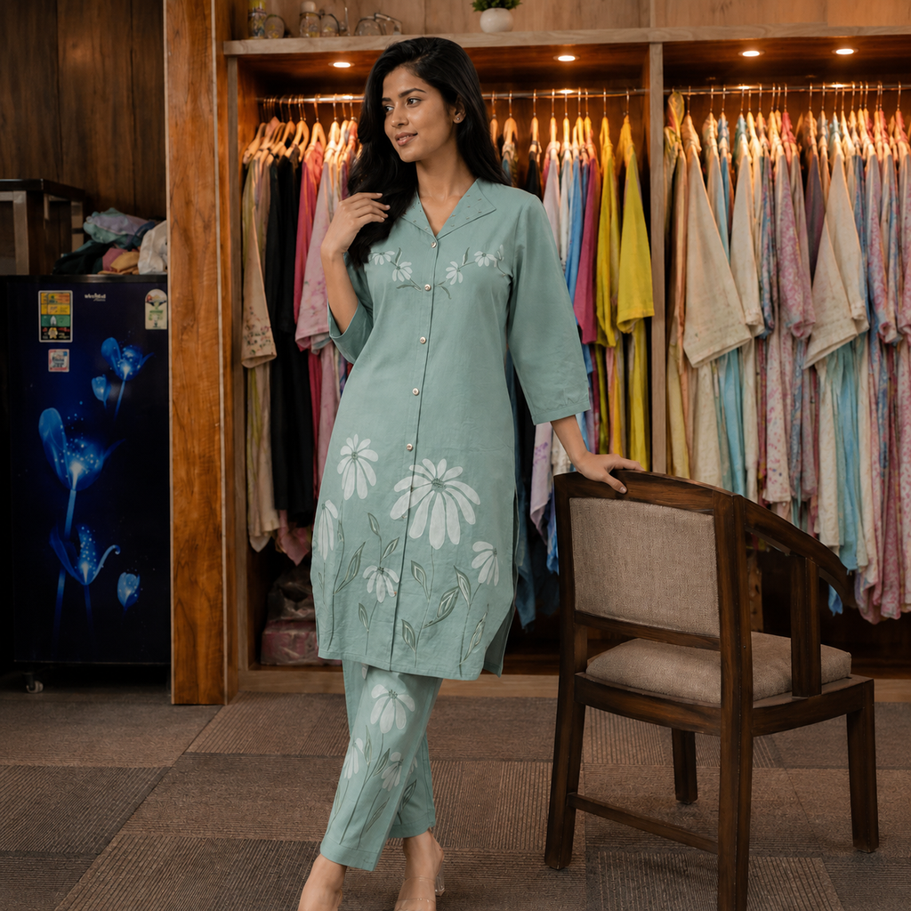 Mint Green Floral Hand Printed Co-Ord Set
