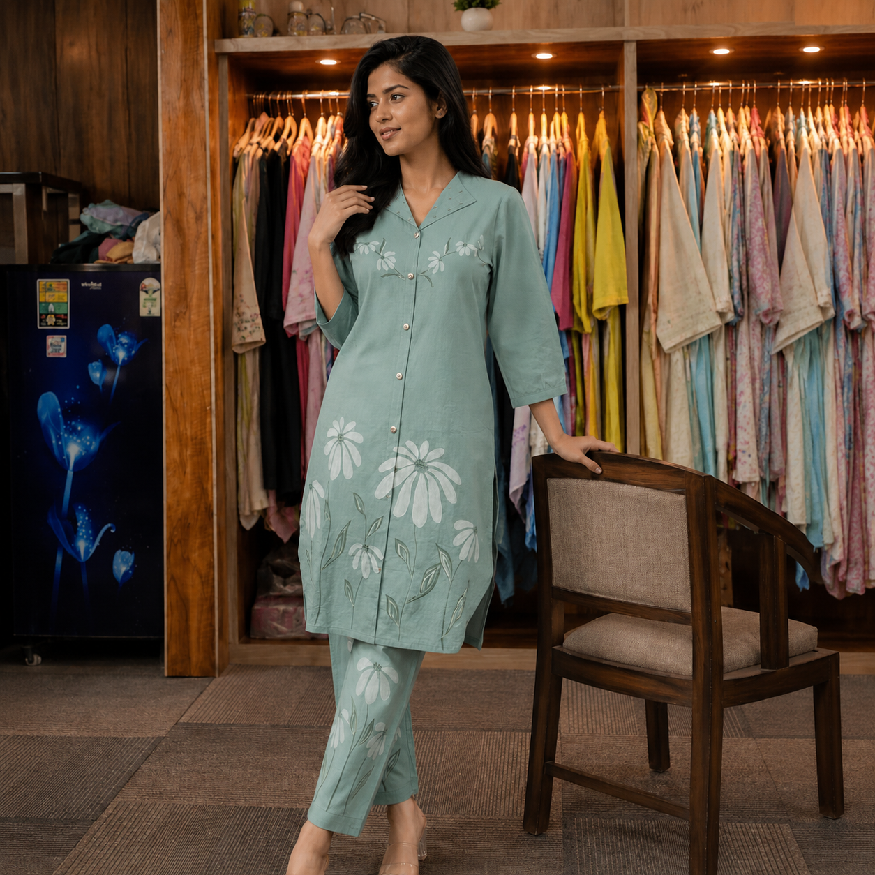 Mint Green Floral Hand Printed Co-Ord Set