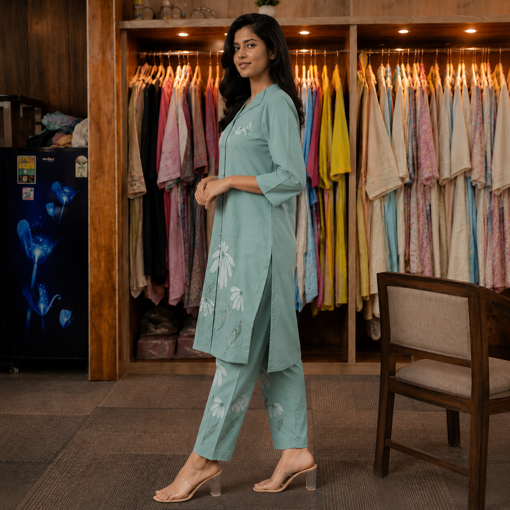 Mint Green Floral Hand Printed Co-Ord Set