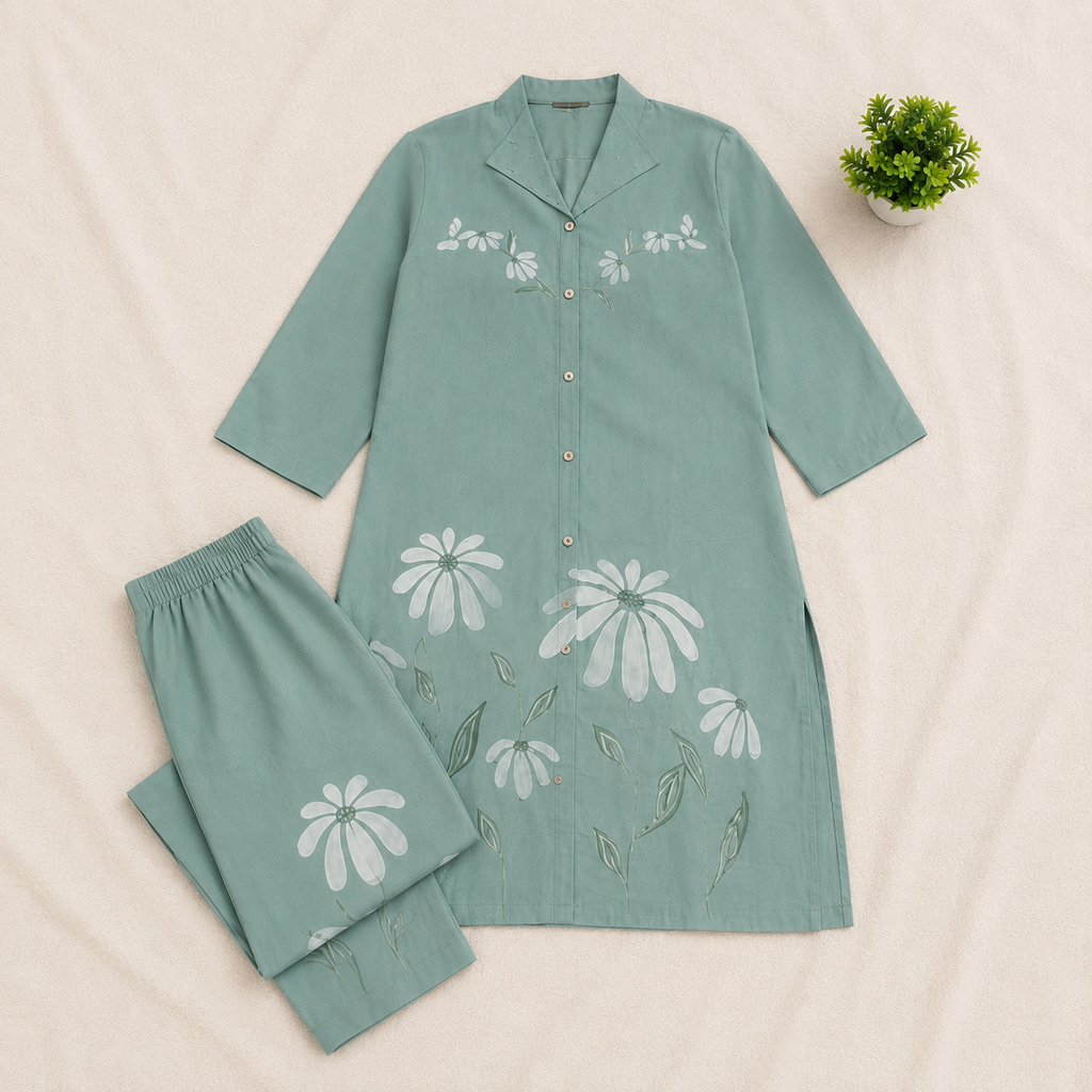Mint Green Floral Hand Printed Co-Ord Set