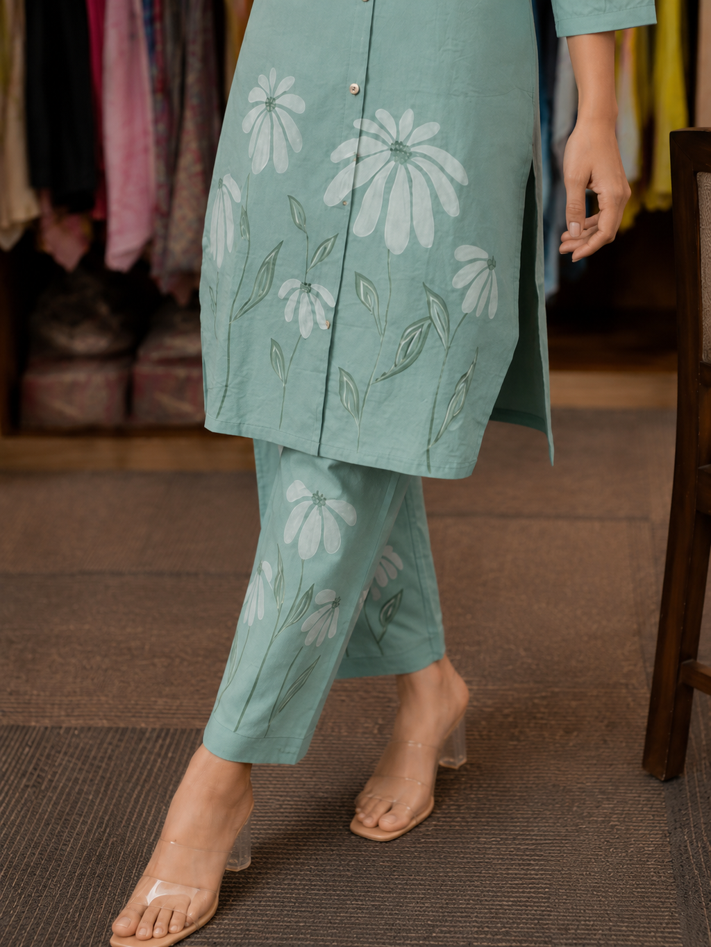 Mint Green Floral Hand Printed Co-Ord Set